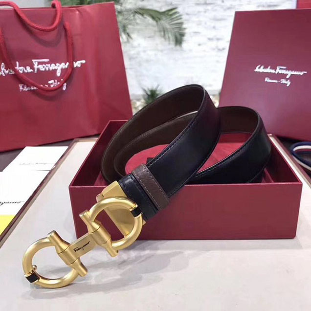 Salvatore Ferragamo Reversible Double Gancini Belt 35MM Gold Hardware Calfskin Leather Spring Summer 2018 Collection Black