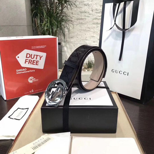 Gucci GG Supreme Belt with G Buckle 40MM Silver Hardware Calfskin Leather Spring Summer 2018 Collection Black