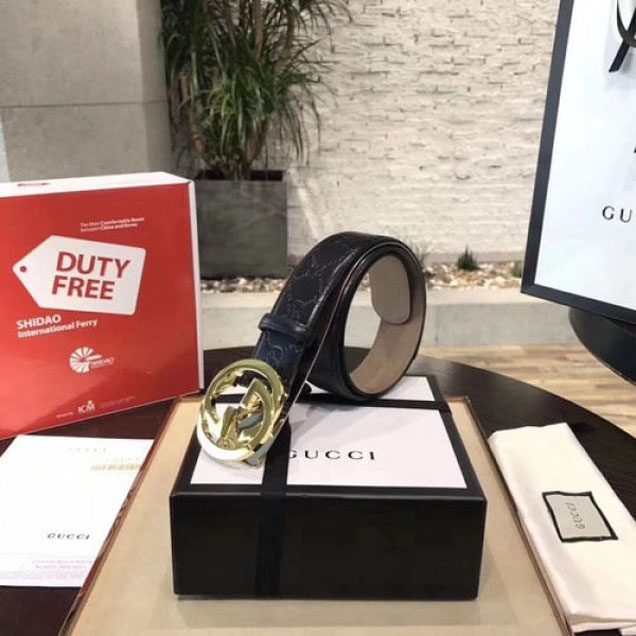 Gucci Guccissima Belt with Interlocking G Buckle 40MM Gold Hardware Calfskin Leather Spring/Summer 2018 Collection, Black
