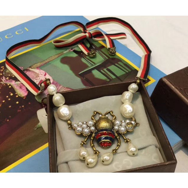 Gucci Sylvie Web Bee Necklace With Crystals And Pearls 527133 2018
