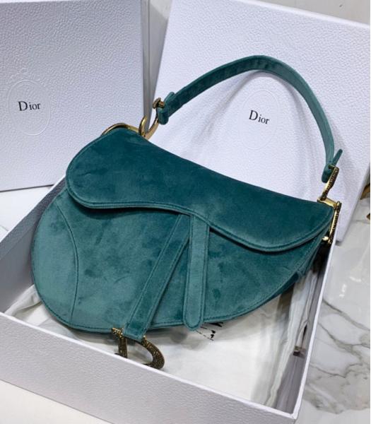 Christian Dior Original Velvet Diamond Metal 25cm Saddle Bag Lake Blue