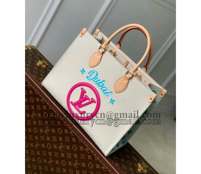 Louis Vuitton Onthego MM Tote Bag in White Jacquard Fabric M20815 Dark Pink 2022