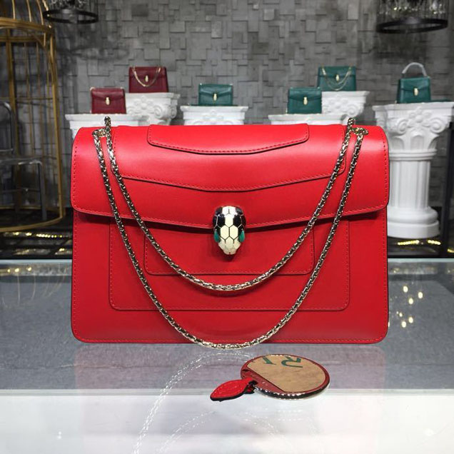 Bulgari Serpenti Forever Shiny Black and White Enamel with Green Malachite Eye Closure 28cm Bag with Two Gussets Calfskin Leather Spring Summer 2018 Collection Candy Red
