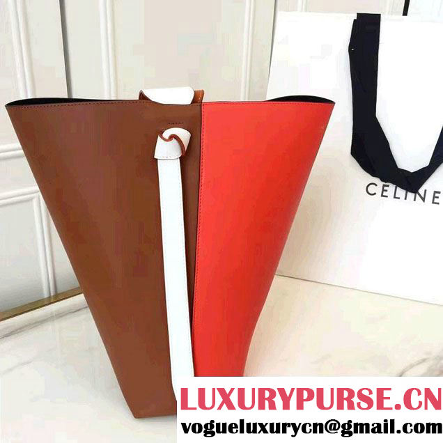 Celine Shiny Smooth Calfskin Small Twisted Cabas Bag Brown/Red 2016
