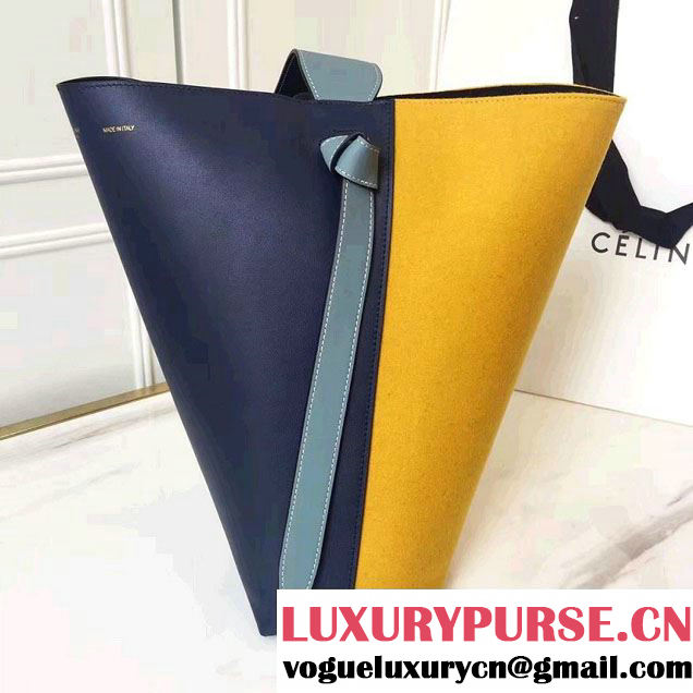 Celine Shiny Smooth Calfskin Small Twisted Cabas Bag Felt Yellow/Navy 2016