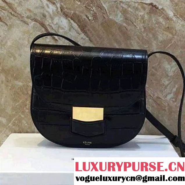 Celine Small Trotteur Shoulder Bag in Calfskin Croco Pattern Black Summer 2016 (1A021-6070511 )