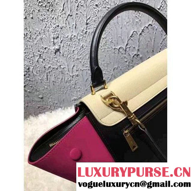 Celine Small Trapezre Tricolor Bag In Grainy Calfskin & Suede Leather White/Black/Rosy 2017 (OZZ-7041224 )