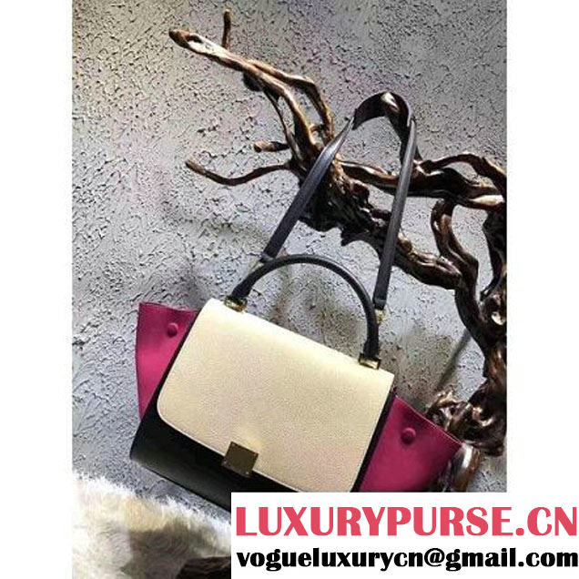 Celine Small Trapezre Tricolor Bag In Grainy Calfskin & Suede Leather White/Black/Rosy 2017 (OZZ-7041224 )