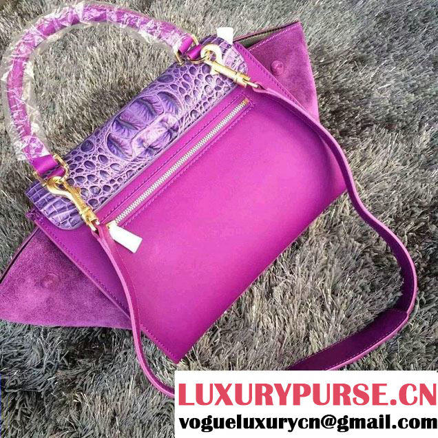 Celine Trapeze Top Handle Bag Nubuck Leather Croco Pattern Purple 2015