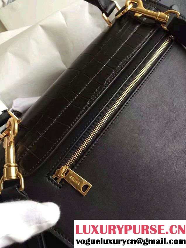 Celine Trapeze Small/Medium Tote Bag in Original Leather Croco Pattern Black 2016