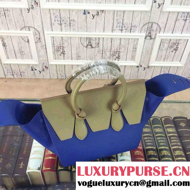 Celine Tie Tote Mini Bag in Grained/Calfskin Leather Blue/Camel 2015