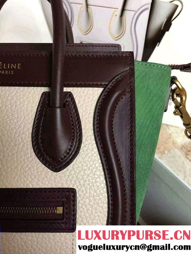 Celine Luggage Nano Tote Bag in Original Leather Burgundy/Grained Beige/Crinkle Green 2016