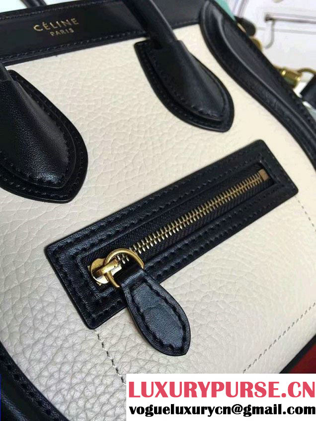 Celine Luggage Nano Tote Bag in Original Leather Black/Grained Beige/Crinkle Ice Green 2016