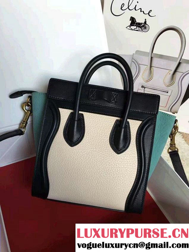 Celine Luggage Nano Tote Bag in Original Leather Black/Grained Beige/Crinkle Ice Green 2016