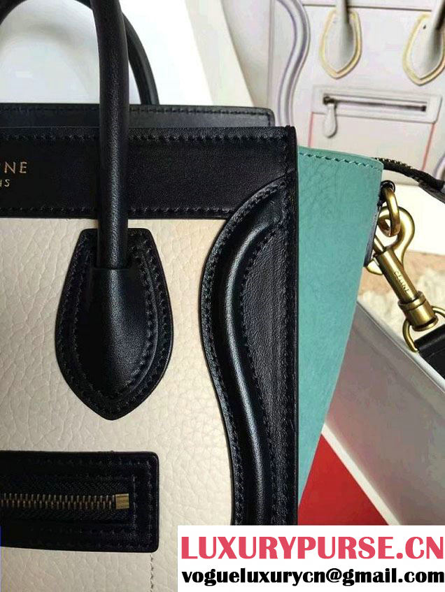Celine Luggage Nano Tote Bag in Original Leather Black/Grained Beige/Crinkle Ice Green 2016