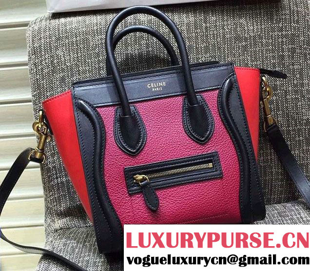 Celine Luggage Nano Tote Bag in Original Leather Black/Grained Fushia/Red 2016