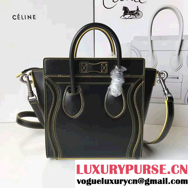 Celine Luggage Nano Tote Bag In Original Calfskin Leather  Black/Yellow 2017