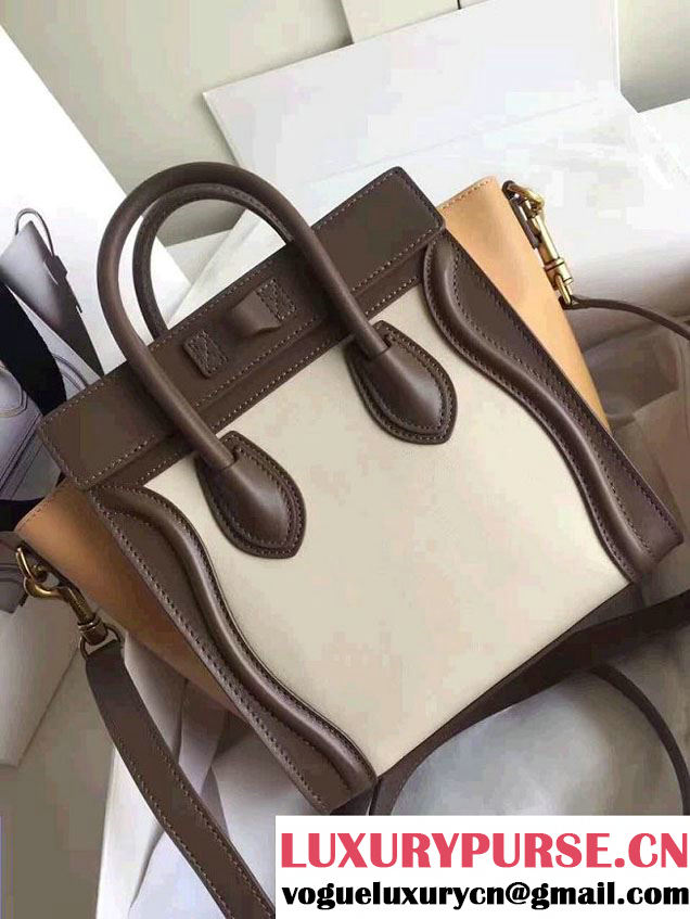 Celine Luggage Nano Tote Bag In Original Calfskin Leather White/Chocolate/Yellow  2017