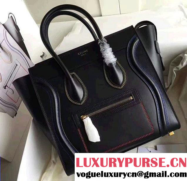 Celine Luggage Micro Tote Bag in Original Smooth Leather Quilting Black/Dark Blue