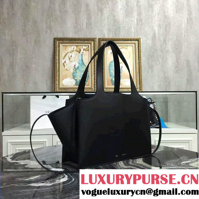 Celine Supple Natural Calfskin Medium Tri-Fold Shoulder Bag Black 2016