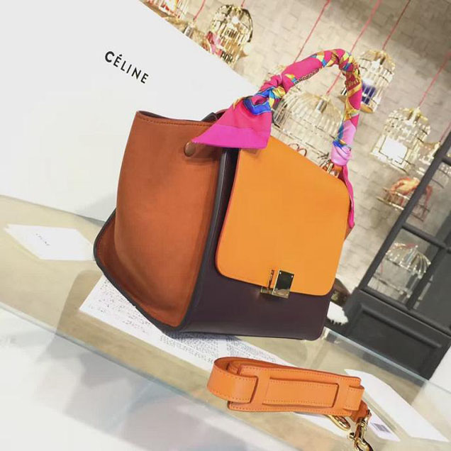 Celine Trapeze Top Handle Small Bag Smooth Calfskin with Suede Leather Pre-Fall Winter 2016 Collection Orange Burgundy
