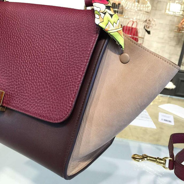 Celine Trapeze Top Handle Small Bag Grained Calfskin with Suede Leather Pre-Fall Winter 2016 Collection Berry Burgundy Light Pink