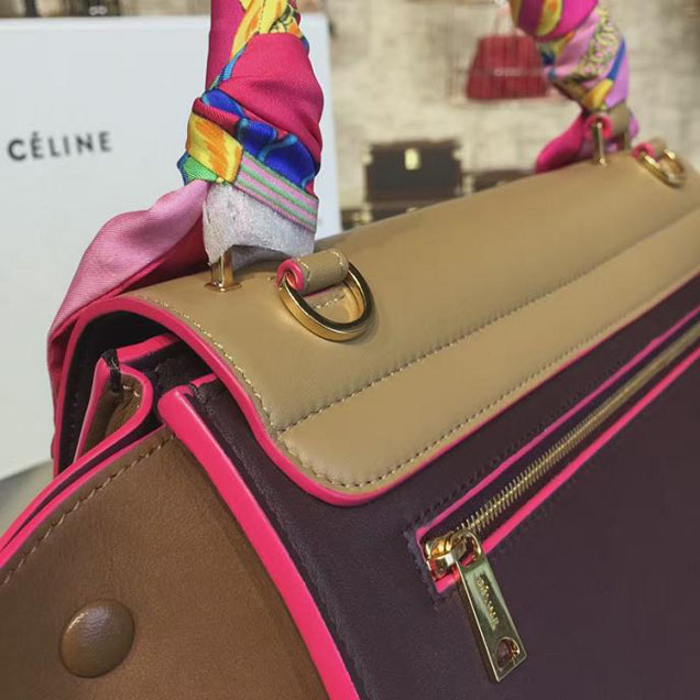 Celine Trapeze Top Handle Small Bag Smooth Calfskin with Suede Leather Pre-Fall Winter 2016 Collection Beige Burgundy Brown with Pink Piping