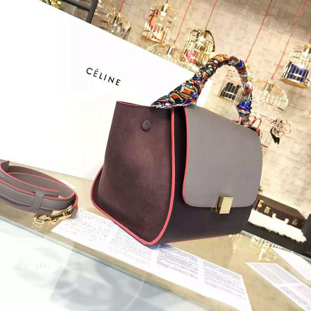 Celine Trapeze Top Handle Small Bag Smooth Calfskin with Suede Leather Pre-Fall Winter 2016 Collection Grey Burgundy Brown with Pink Piping