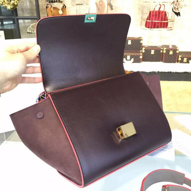 Celine Trapeze Top Handle Small Bag Smooth Calfskin with Suede Leather Pre-Fall Winter 2016 Collection Grey Burgundy Brown with Pink Piping