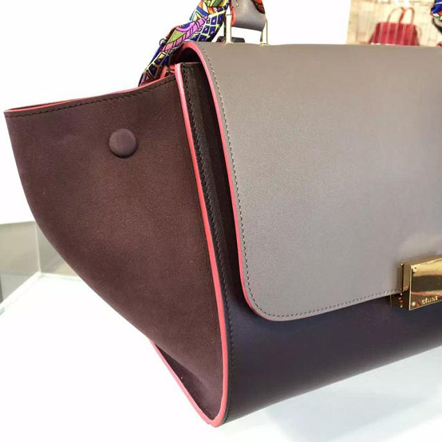 Celine Trapeze Top Handle Small Bag Smooth Calfskin with Suede Leather Pre-Fall Winter 2016 Collection Grey Burgundy Brown with Pink Piping