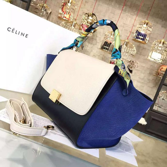 Celine Trapeze Top Handle Small Bag Grained Calfskin with Suede Leather Pre-Fall Winter 2016 Collection White Black Blue