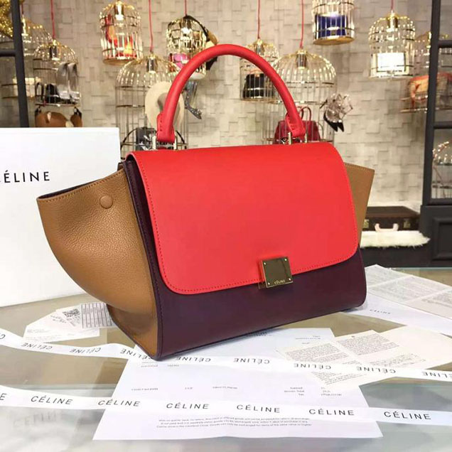 Celine Trapeze Top Handle Small Bag Smooth Calfskin with Suede Leather Pre-Fall Winter 2016 Collection Red Tan Burgundy