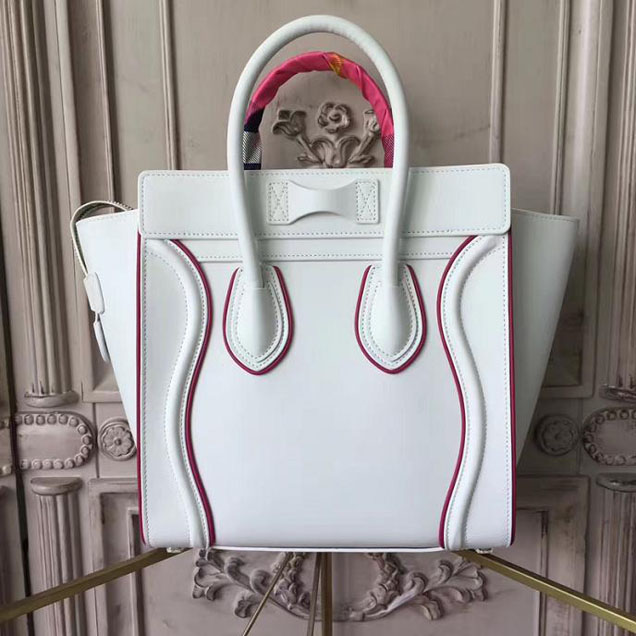 Celine Micro Luggage 26cm Bag Smooth Calfskin Pre-Fall 2017 Bag Collection White with Magenta Piping