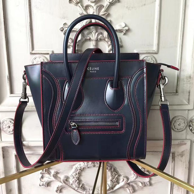 Celine Nano Luggage 20cm Bag Smooth Calfskin Spring 2017 Collection Navy with Red Piping