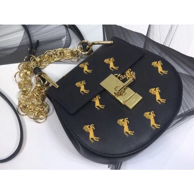 Chloe Smooth Calfskin Mini Drew Shoulder Bag Little Horses Embroidery Black 2018