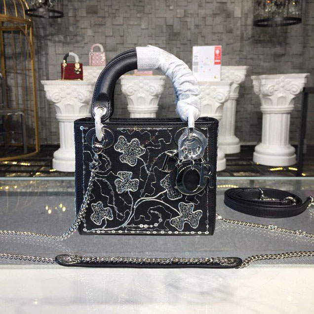 Christian Dior Lady Dior Clover Bead Embroidered Bag with Chain 18cm Silver Hardware Smooth Lambskin Leather Pre-Fall 2018 Collection Black
