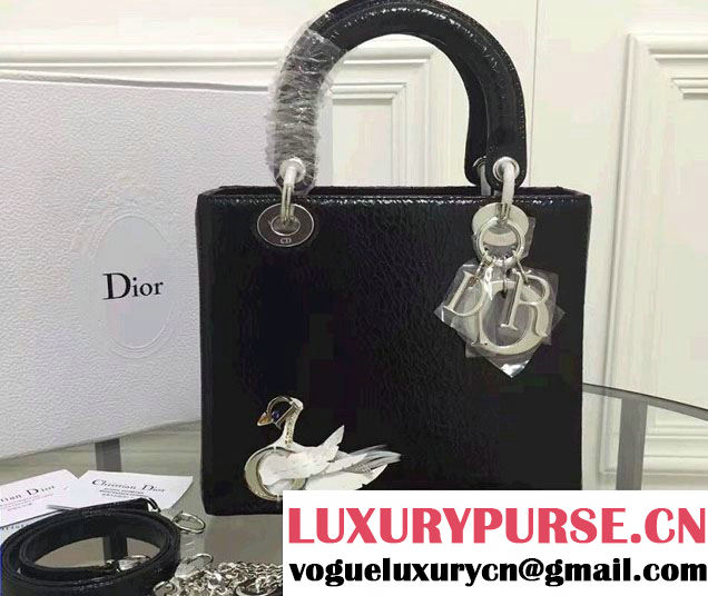 Lady Dior Jewelled Swan Ceramic-Effect Medium Bag Black Fall 2016