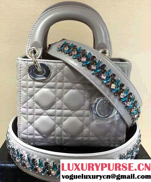 Lady Dior Sheepskin Mini Bag Gray with Embroidered Crystal Chain Shoulder Strap 2016