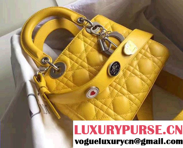 Lady Dior Lambskin Bag Yellow With Embroidered Lucky Badges Strap Cruise 2017