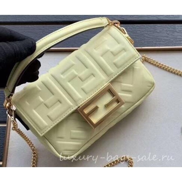Fendi All-Over FF Motif Leather Mini Baguette Bag Pale Yellow 2019