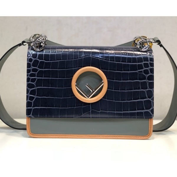 Fendi Kan I F Flap Bag in Crocodile Calfskin Navy Blue 2018