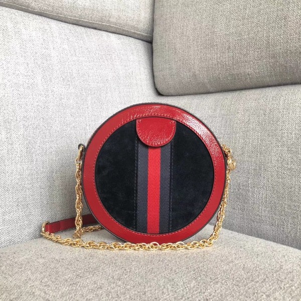 Gucci Suede Ophidia Mini Round Shoulder Bag 550618 Deep Blue/Red 2018 Collection