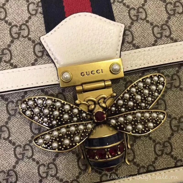 Gucci Queen Margaret Metal Bee Web GG Supreme Medium Shoulder Bag 524356 white 2018