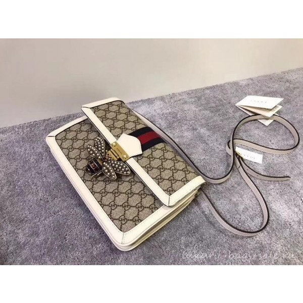 Gucci Queen Margaret Metal Bee Web GG Supreme Medium Shoulder Bag 524356 white 2018