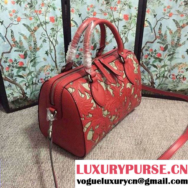Gucci Arabesque GG Supreme and Leather Top Handle Small Boston Bag 409529 Red 2016 (2A010-6080303 )
