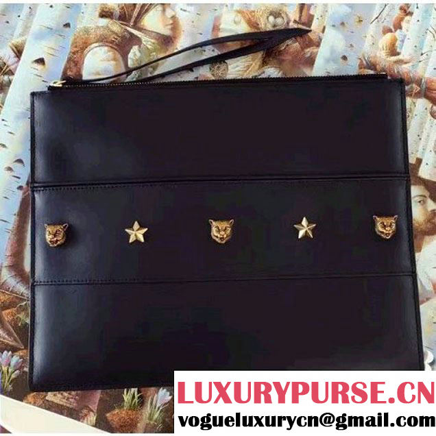 Gucci Studded Leather Large Zipped Pouch Clutch Bag 427003 Black 2016 (SPM-6080322 )