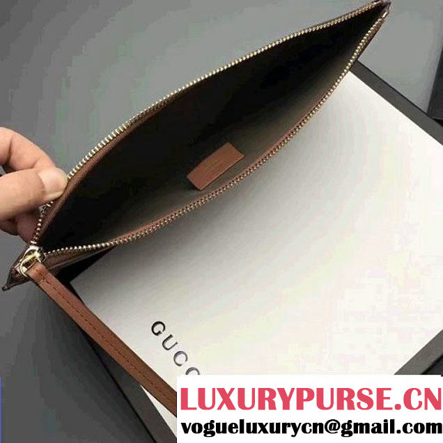 Gucci Embroidered Bee and Blind For Love Large Zipped Pouch Clutch Bag 431416 Leather Brown 2017 (XYS-7030203 )