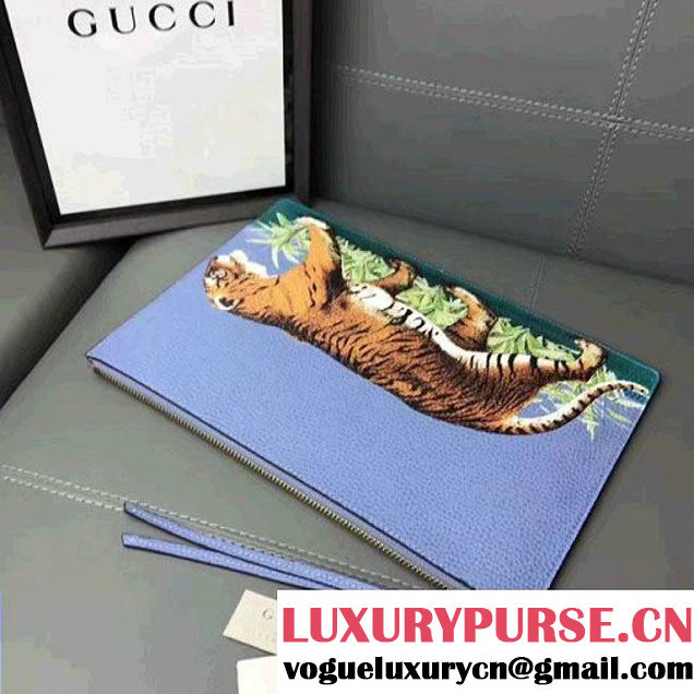 Gucci Tiger Print Leather Pouch 454309 Blue 2017 (WY-7060316 )
