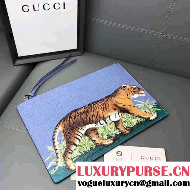 Gucci Tiger Print Leather Pouch 454309 Blue 2017 (WY-7060316 )