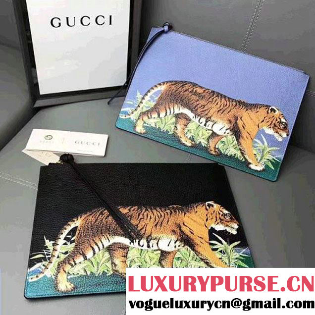 Gucci Tiger Print Leather Pouch 454309 Blue 2017 (WY-7060316 )